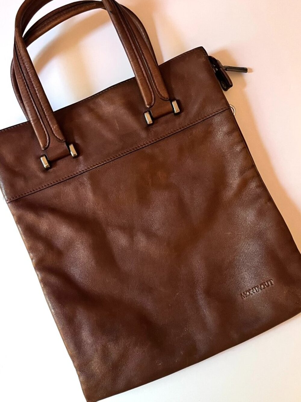 Vintage Montagut Paris Brown Leather Minimalist Tote Bag